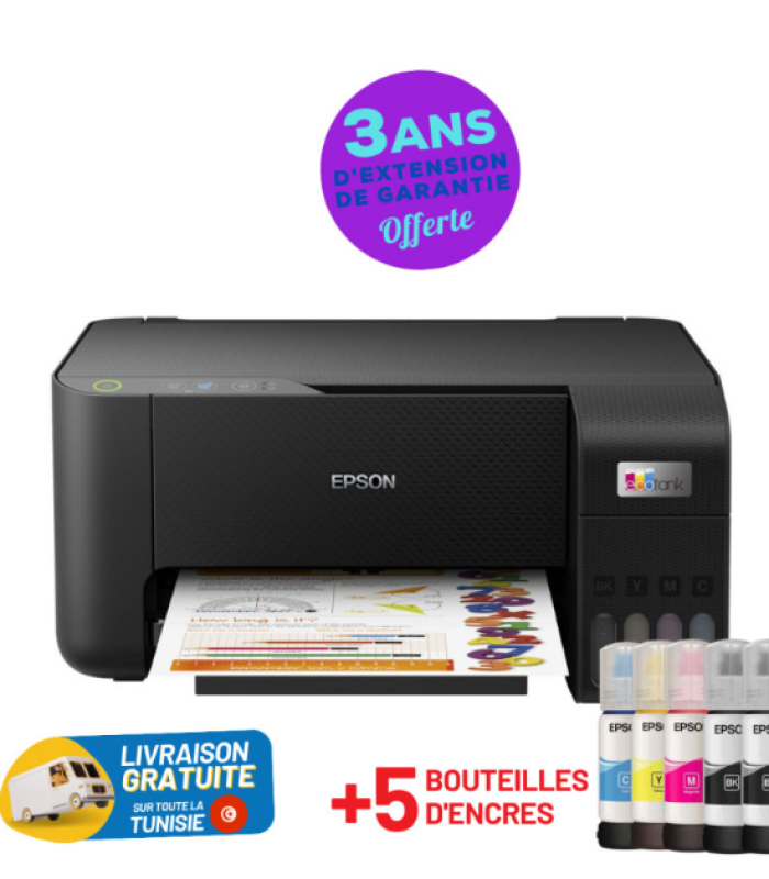 IMPRIMANTE MULTIFONCTION À RÉSERVOIR INTÉGRÉ 3EN1 COULEUR EPSON ECOTANK L3251 / WIFI + 5 BOUTEILLES D&rsquo;ENCRE EPSON INCLUSES